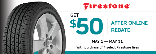 Firestone 4 Tire $50 PrePaid Visa Card Mail in Rebate 5/1/2024 through 5/31/2024 rebate