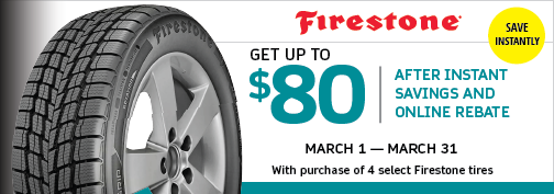 Firestone 4 Tire $60 Mail In Rebate + $20 Instant Rebate (select models), up to $80 Rebate Total, 05/01/2024 through 05/31/2024