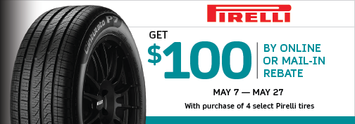 Pirelli 4 Tire $100 Prepaid MasterCard Mail in Rebate on select tires 5/07/2024 through 5/31/2024 rebate